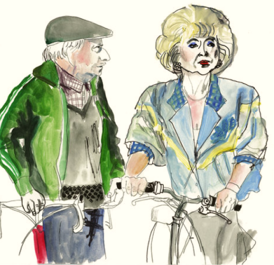 Illustration of an older lady and gentlemen with thier bikes