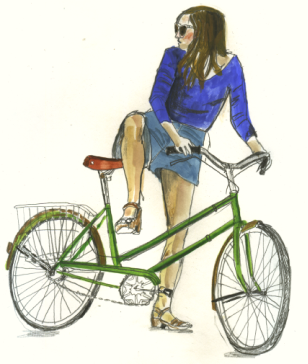 Illustration of a woman on bike wearing a blue dress