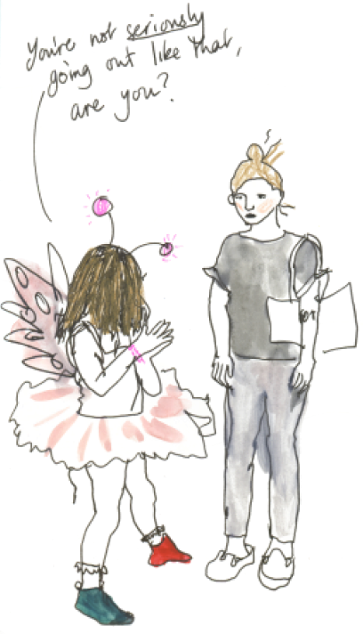 Illustration of a little girl dressed as a fairy talking to her mother